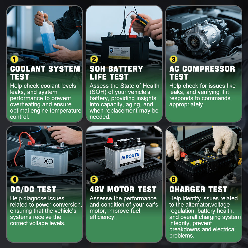 The XTOOL D9EV performs six essential tests—AC compressor, DC/DC conversion, 48V motor, and charger system—to diagnose and ensure optimal performance of key electric and fuel vehicle components.