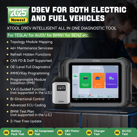 The newest XTOOL D9EV is an intelligent all-in-one diagnostic tool designed for both electric and fuel vehicles. It supports a wide range of brands including Tesla, Audi, BMW, Benz, and more.