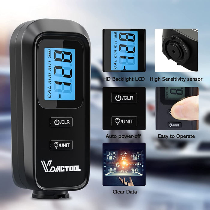 VDIAGTOOL VC100 Digital Coating Thickness Gauge, Car Paint Metal Coating Probe Tester