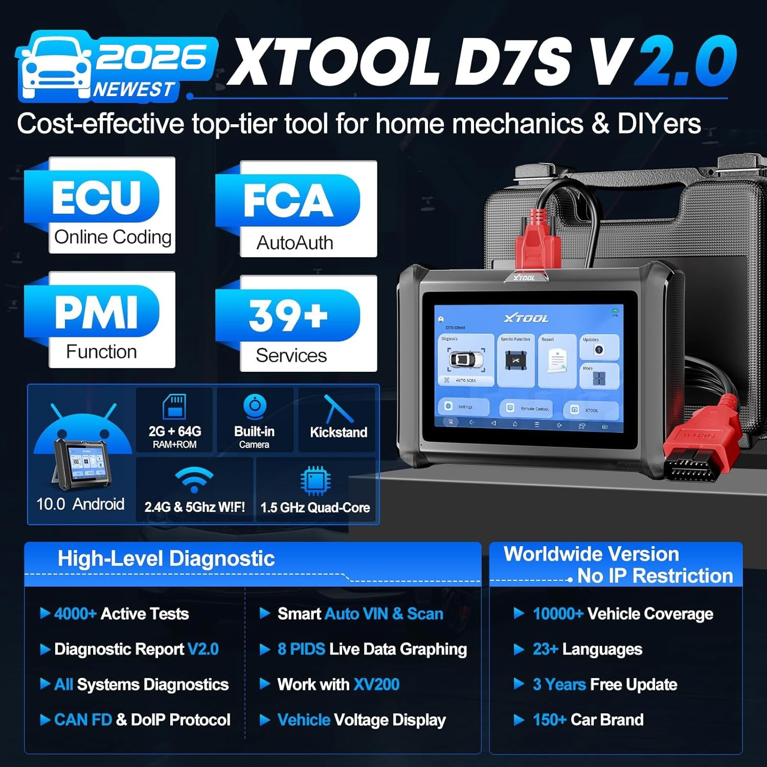 XTOOL D7S OBD2 スキャナー、FCA AutoAuth、双方向スキャンツール付き