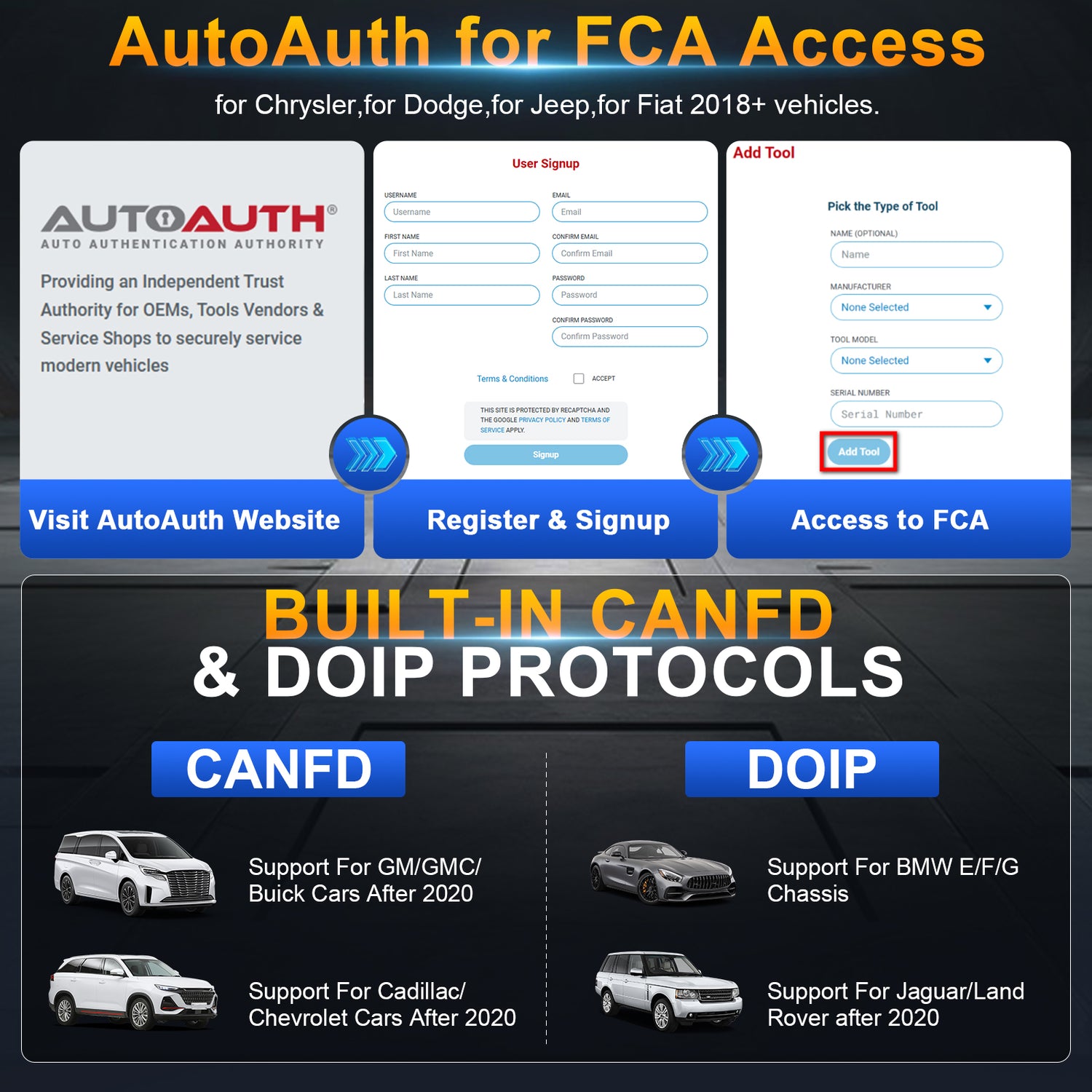 The X100 PAD3 V2.0 offers AutoAuth for FCA vehicles, including Chrysler, Dodge, Jeep, and Fiat models from 2018