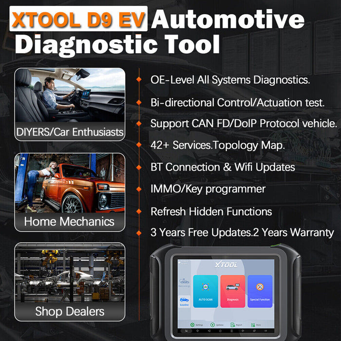 XTOOL D9EV Energy Vehicles Diagnostic Tools For Tesla For BYD With Battery Pack Dectection Active Test+ECU Coding Free Update