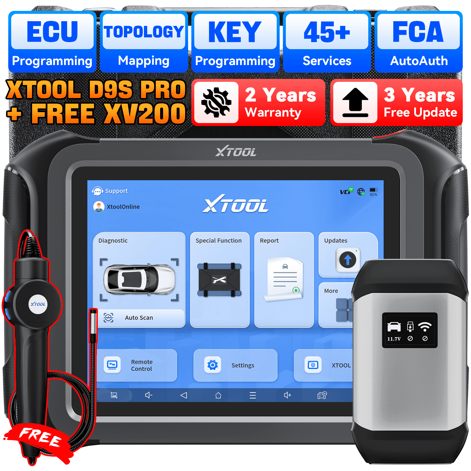 XTOOL D9S Pro + XV200 Endoscope Automotive OBD2 Scanner Bluetooth Diagnostic Tool, Bi Directional Scan Tool, Full System Diagnostic Tool, 45 Services