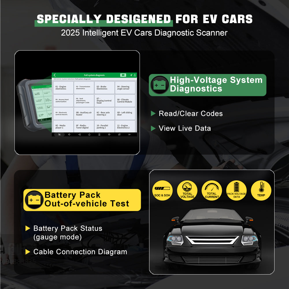 XTOOL D9EV offers high-voltage diagnostics and out-of-vehicle battery pack testing with live data and cable diagrams.