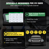 XTOOL D9EV offers high-voltage diagnostics and out-of-vehicle battery pack testing with live data and cable diagrams.